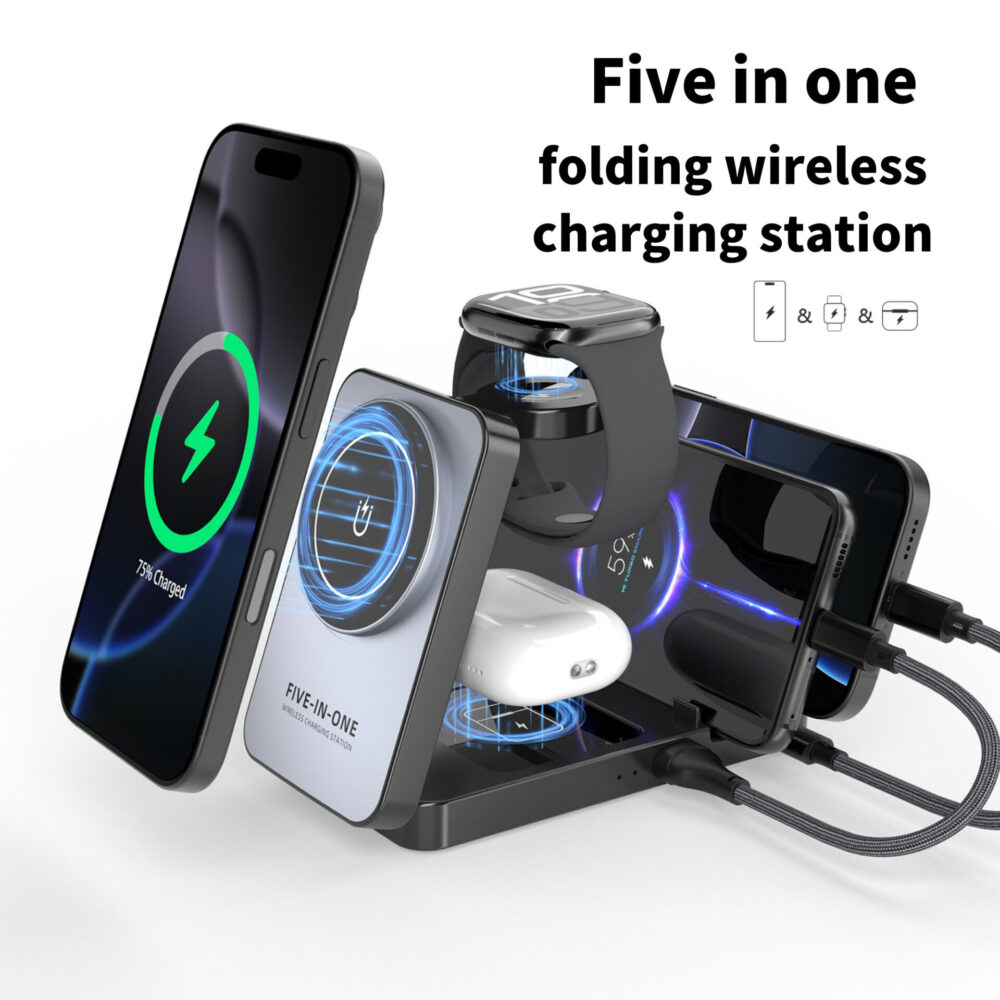 5-in-1 Magnetic Foldable Wireless Charging Station Multi-Device Fast Charger Stand