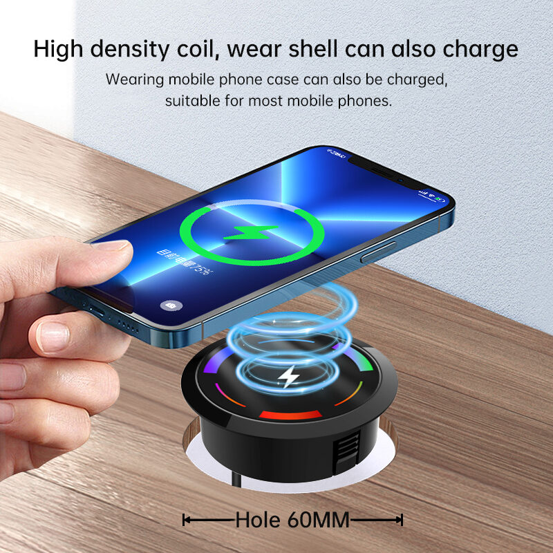 Recessed Desktop Wireless Charging Pad Colorful LED Light Built-in Table Furniture Charger
