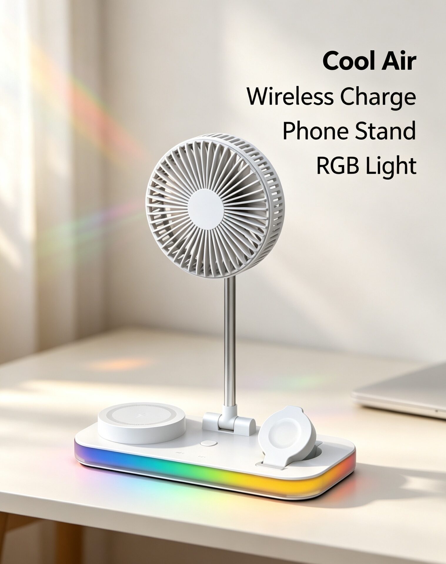 Portable Foldable Desk Fan with 3-in-1 Wireless Phone Charger and RGB light