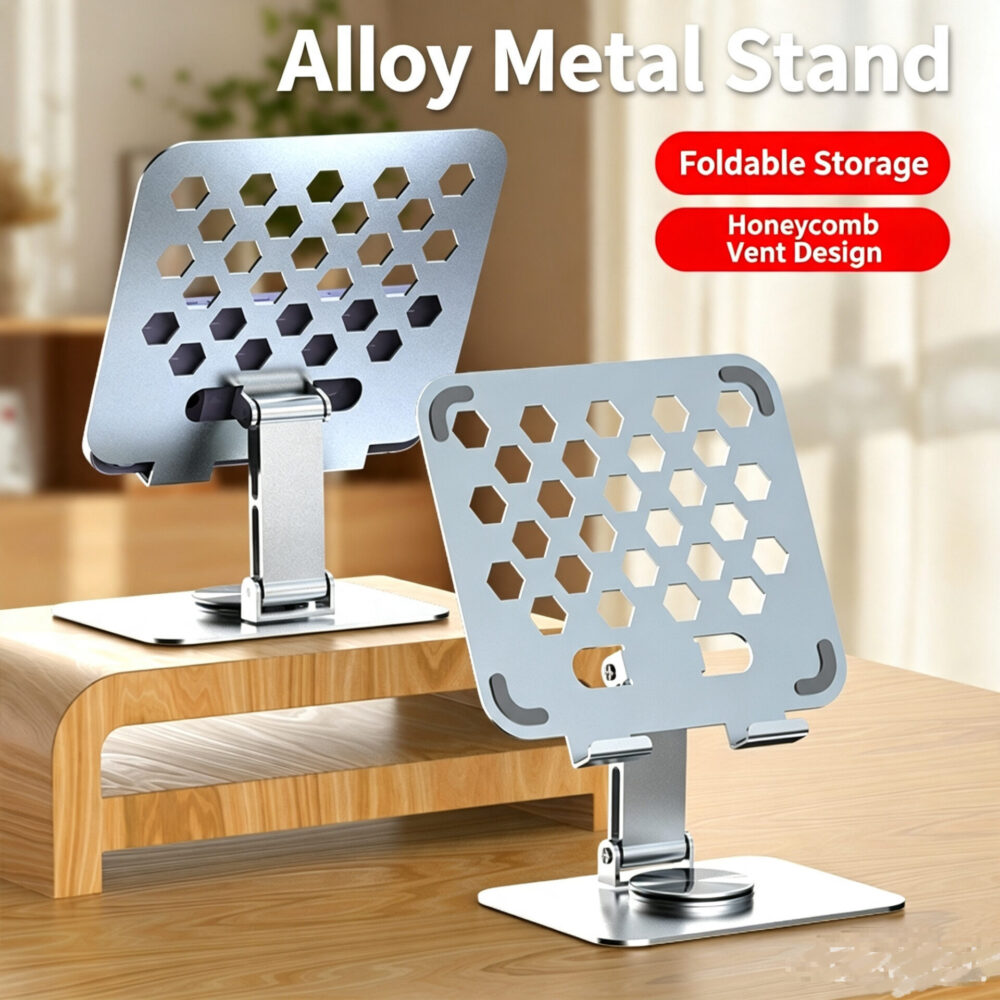 360° Rotatable Foldable Alloy Tablet & Phone Stand | Honeycomb Hollow Cooling, Full Angle Adjustable, Stable Anti-Slip Desktop Holder For iPad, iPhone & All Devices