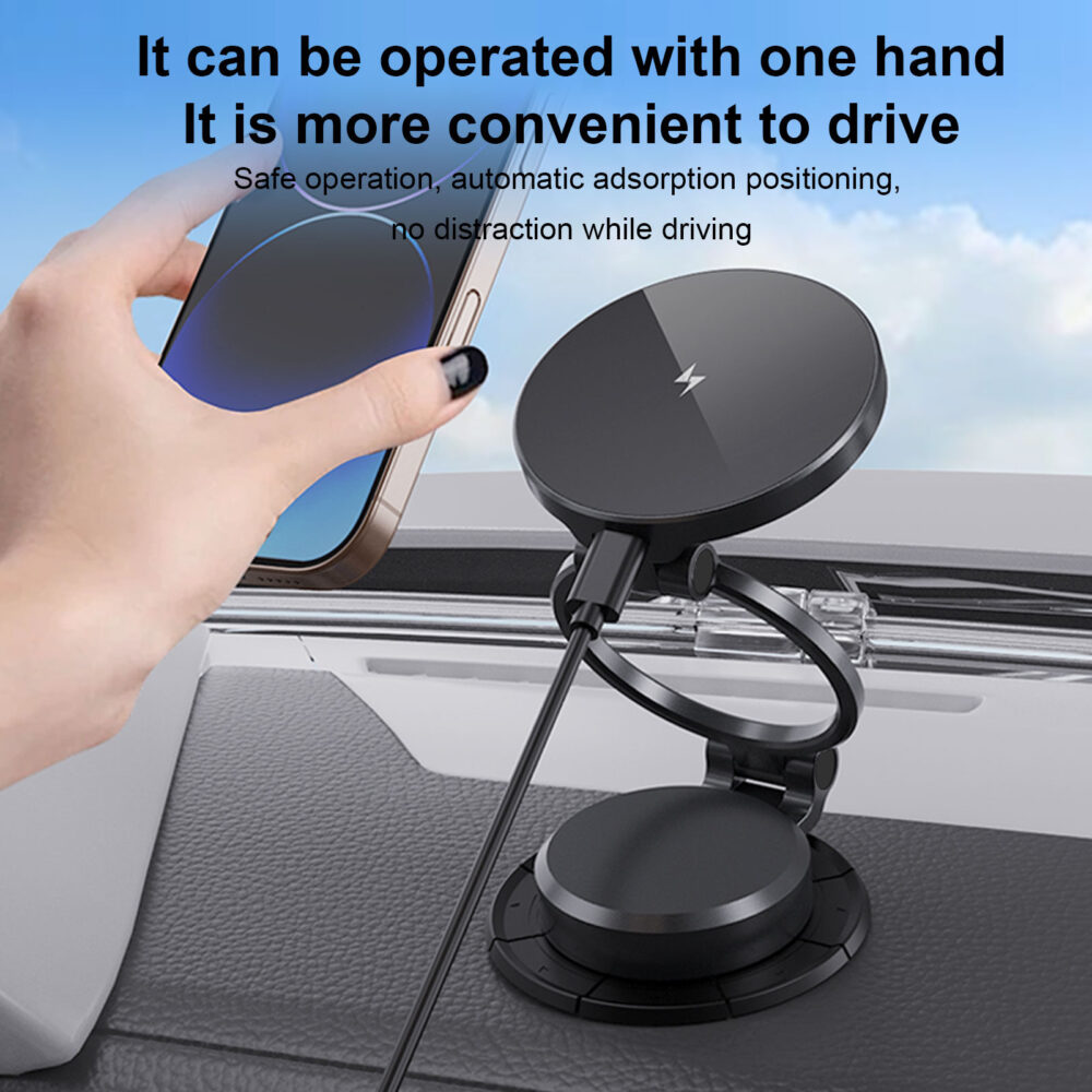 Foldable Magnetic Car Wireless Charger Mount 360° Rotation Dashboard Windshield With Strong 3M Adhesive