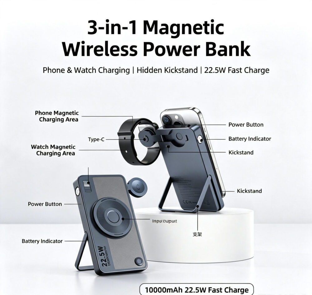 3-in-1 Dual Magnetic Wireless Power Bank With Hidden Foldable Kickstand, 10000mAh 22.5W Bidirectional Fast Charging Portable Battery Pack For Phone & Smart Watch