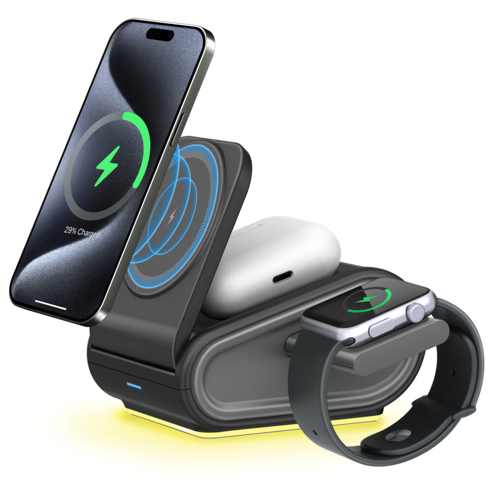 Vertical Foldable 4-in-1 MagSafe Wireless Charging Stand with RGB Ambient Light & Soft Night Light, Simultaneous Charging for Smartphone, Smart Watch & Wireless Earbuds