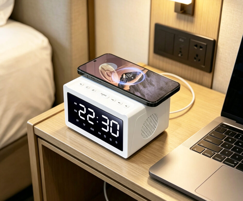 Bedside Desktop Bluetooth Speaker Wireless Charger with Digital Clock Alarm FM