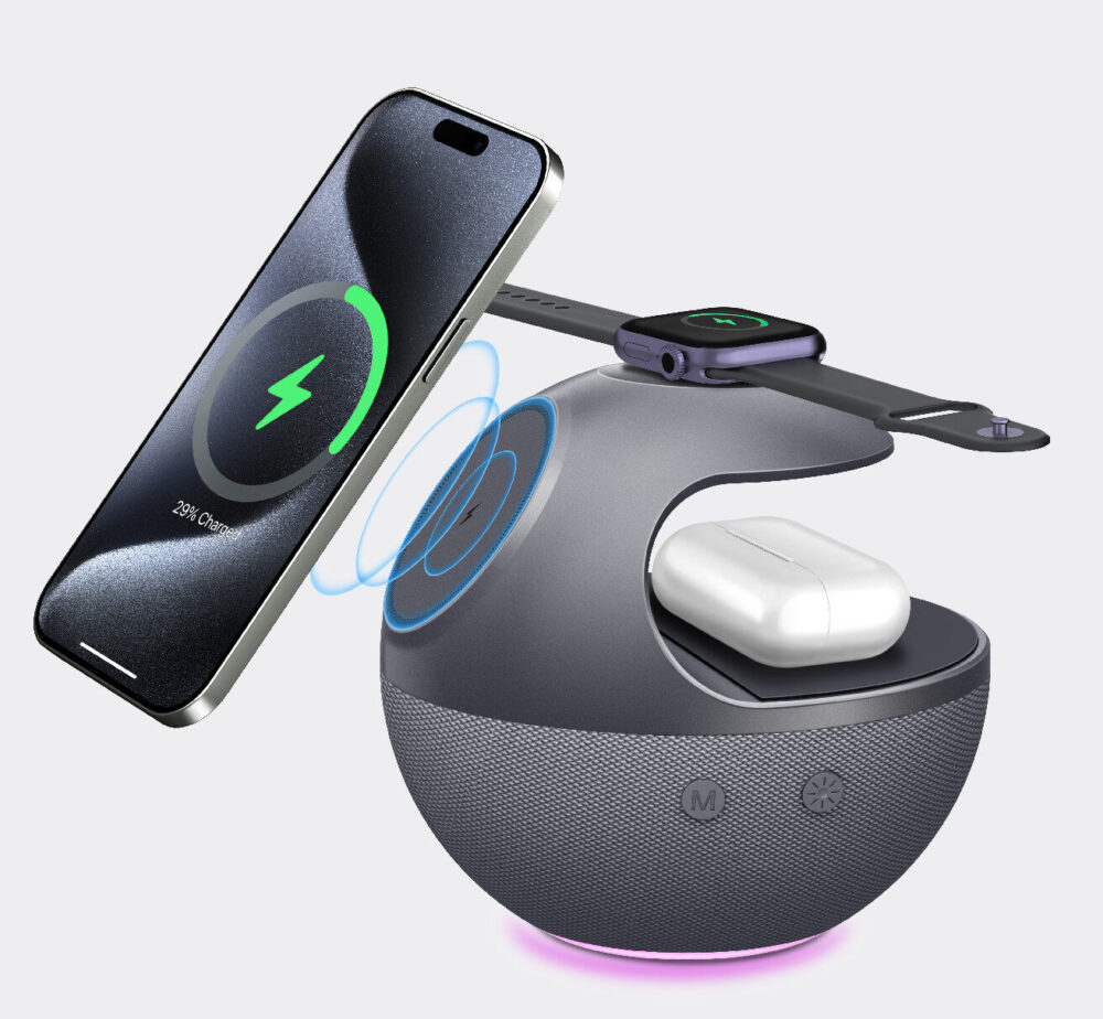 5-in-1 Multi-Functional MagSafe Wireless Charging Hub Built-In Bluetooth Stereo Speaker & Soft RGB Surround Light, Simultaneous Charging for Smartphone, Smart Watch & Wireless Earbuds
