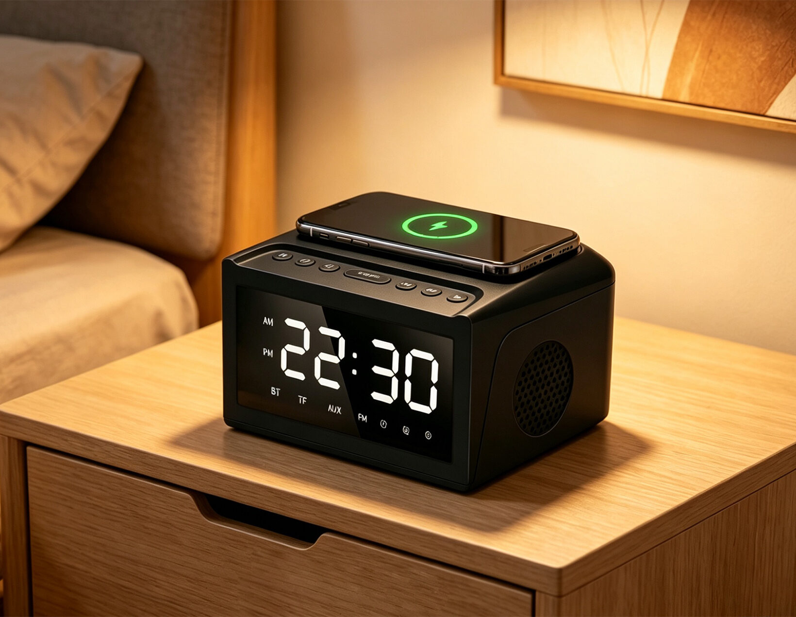 Bedside Desktop Bluetooth Speaker Wireless Charger with Digital Clock Alarm FM - Image 4