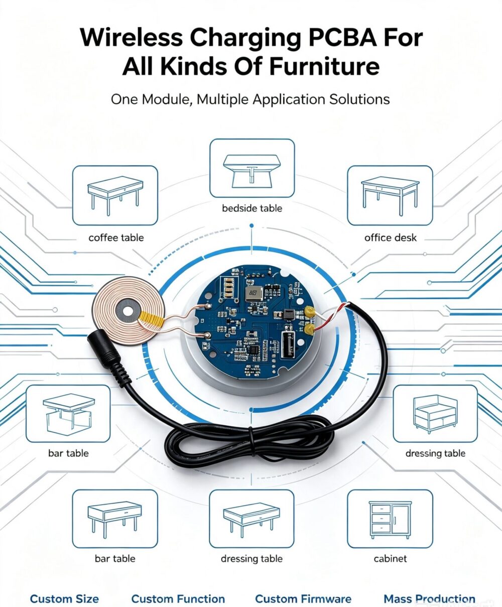 Custom Wireless Charger Base PCBA Module For Smart Furniture, ODM Custom Size & Function Wireless Charging Transmitter Circuit Board