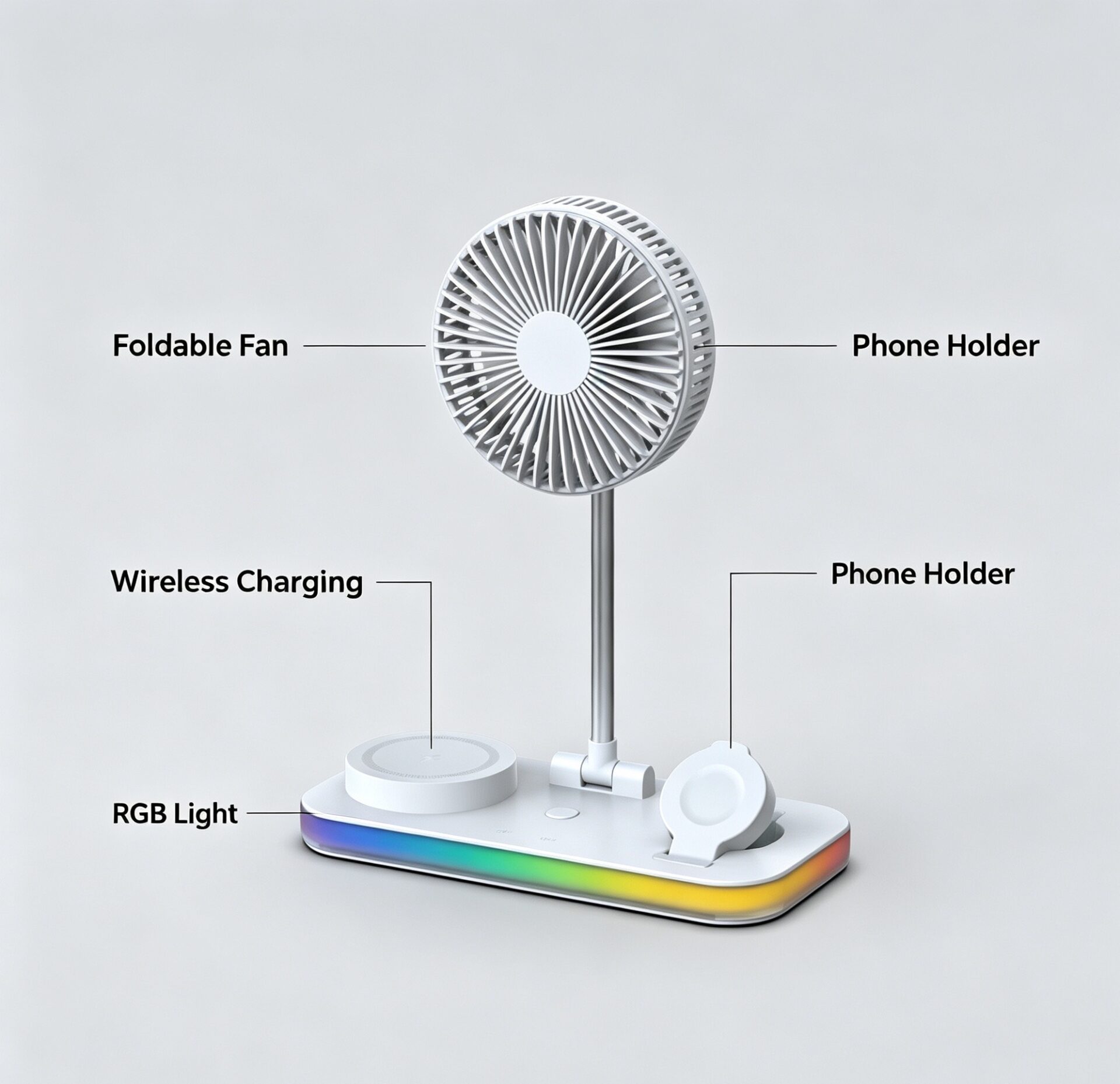 Portable Foldable Desk Fan with 3-in-1 Wireless Phone Charger and RGB light - Image 7