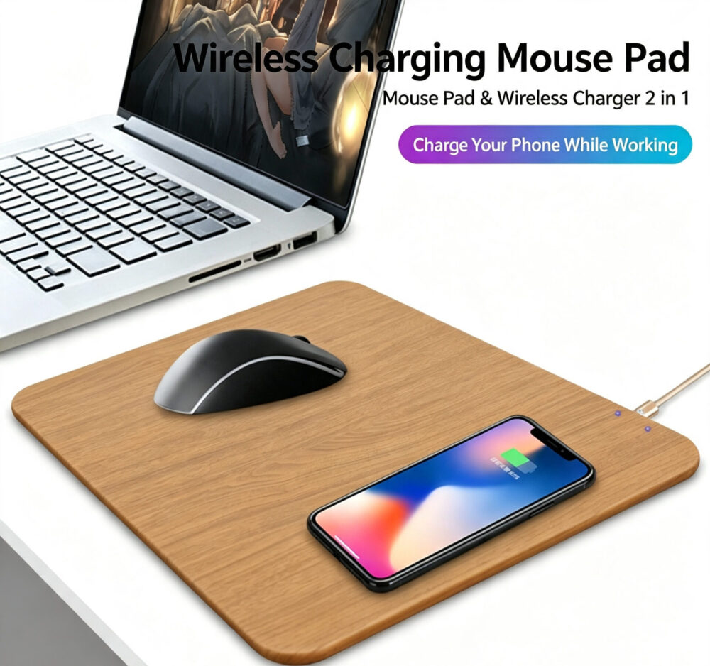 Wood Grain 2-in-1 Wireless Charging Mouse Pad | 15W Fast Phone Charger, Waterproof Smooth PU Leather Desk Mat For Work & Gaming