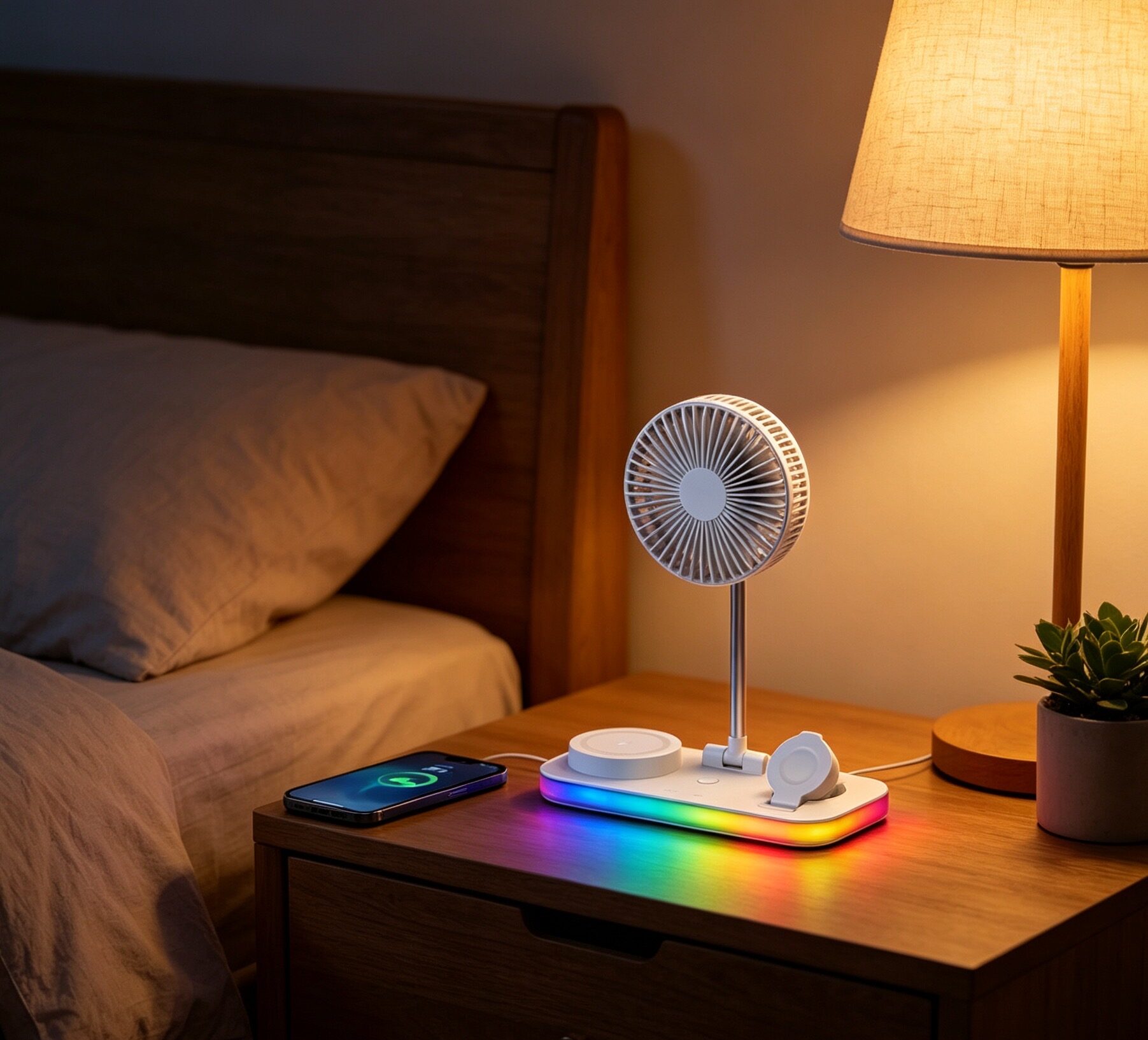 Portable Foldable Desk Fan with 3-in-1 Wireless Phone Charger and RGB light - Image 3