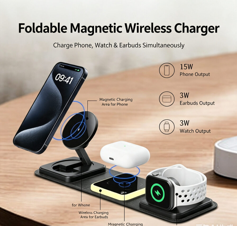 Portable Fold All-In-One Magnetic Wireless Charger PU Matte Surface, 15W/3W Triple Charging Station for Apple Ecosystem