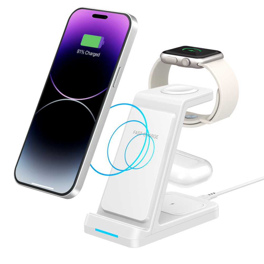 Vertical QI Standard 3-in-1 Wireless Charging Stand With LED Indicator Multi-device Wireless Charger Dock