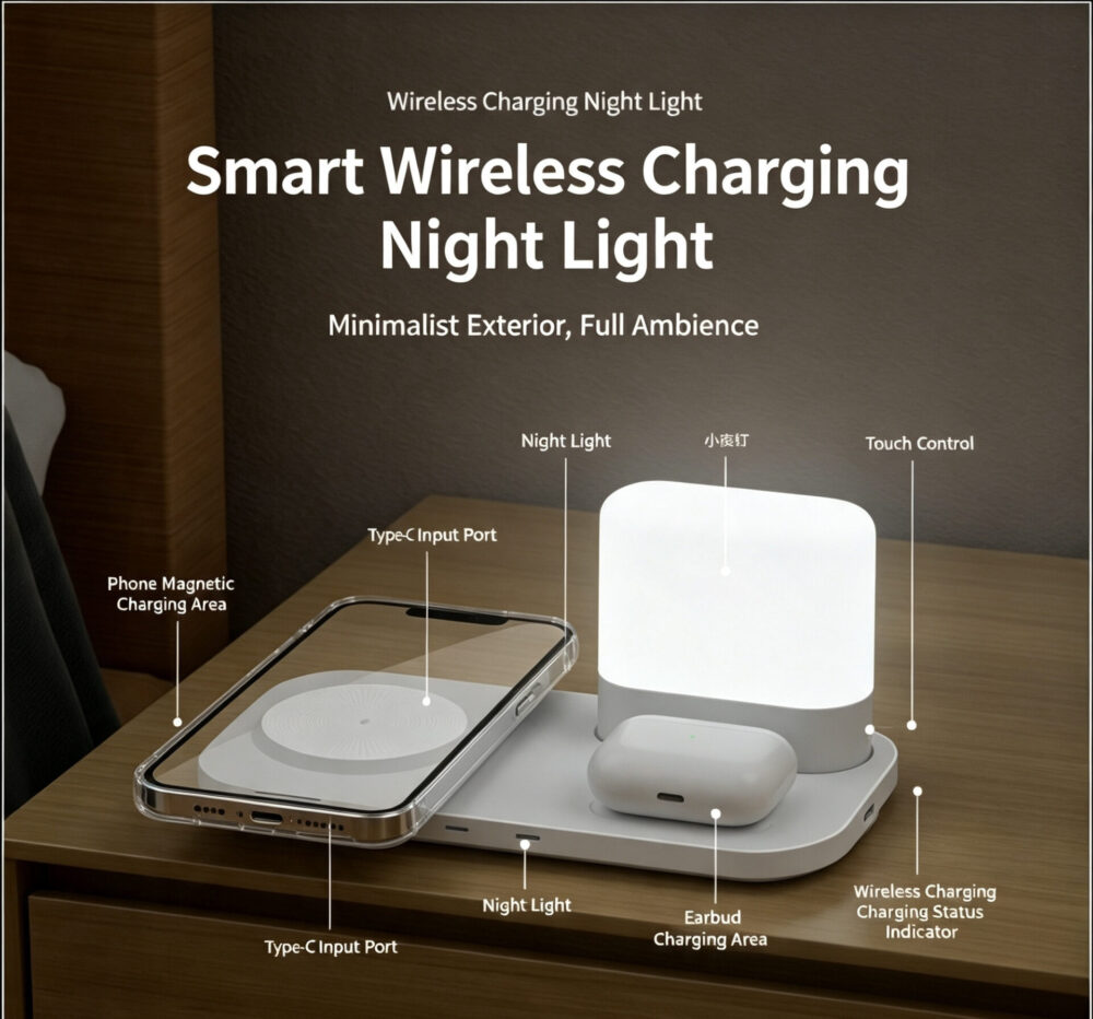 Minimalist 3-in-1 Magnetic Wireless Charging Pad with Touch Dimmable LED Night Light & Extra USB-A Output Port for Phone & Wireless Earbuds