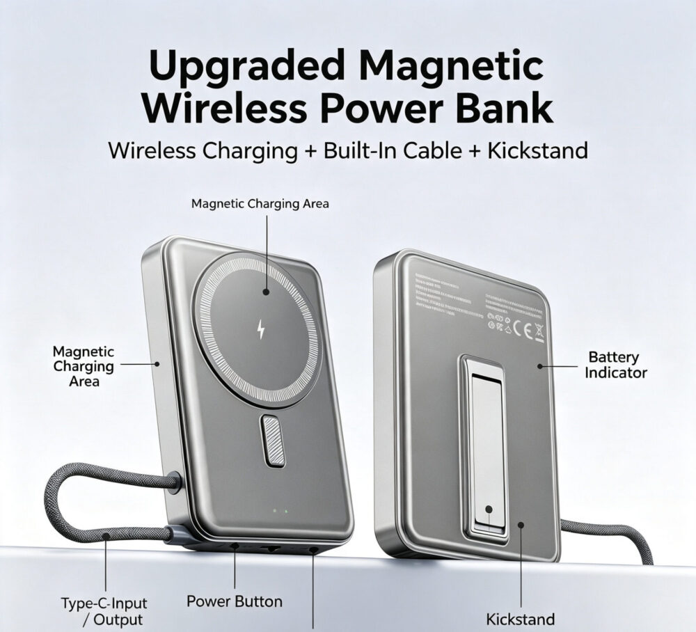 Upgraded Built-In USB-C Cable Magnetic Wireless Power Bank With Foldable Back Kickstand, 3-In-1 Portable MagSafe Battery Pack For Outdoor Travel Daily Commute
