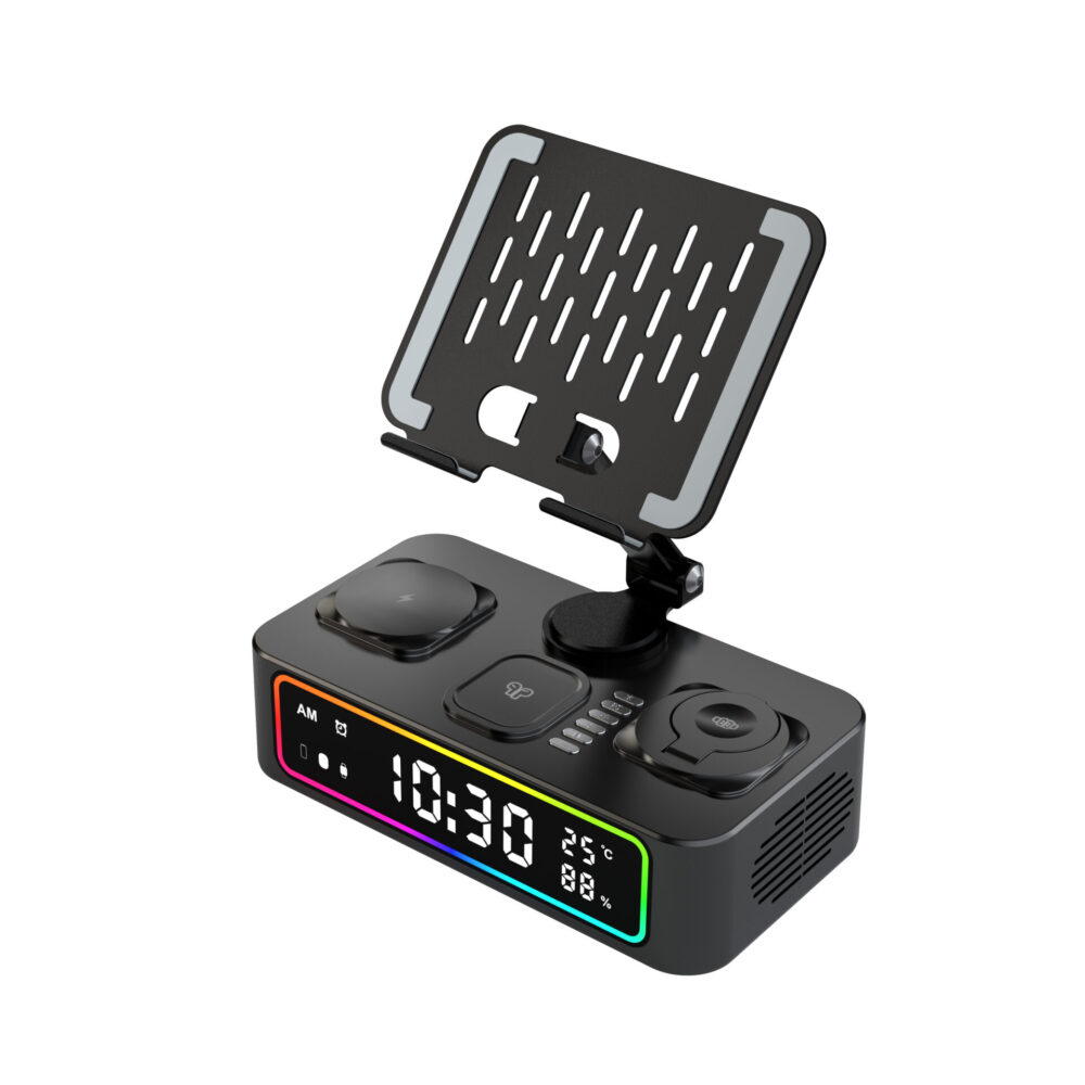 8-in-1 Wireless Charging Stand with Bluetooth Speaker Light Clock Dock Foldable Tablet Holder
