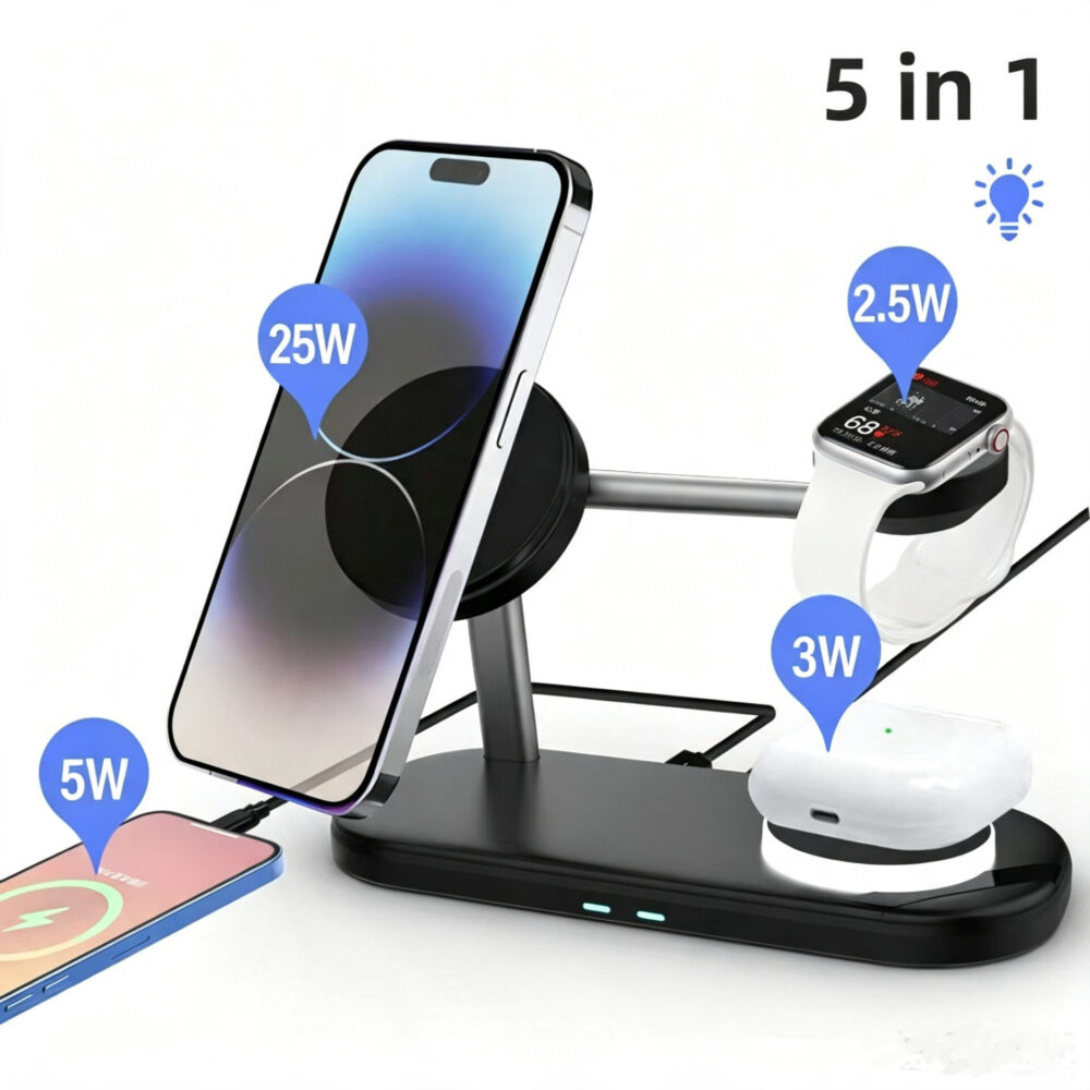 5-in-1 Magnetic Wireless Charging Stand | All-In-One Desktop Multi-Device Charging Station with Soft Night Light