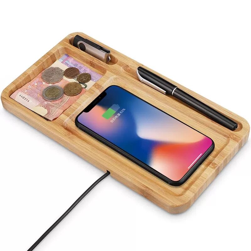 Bamboo Wireless Charger Desk Organizer Tray, Multi‑Purpose Desktop Storage Caddy for Phone, Pens, Coins & Small Gadgets, Eco‑Friendly Bamboo Home Office Desk Accessories
