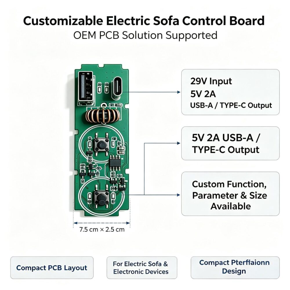 Electric Sofa Control Board PCBA | 29V Input With USB‑A & Type‑C 5V 2A Output, Customizable OEM Solution