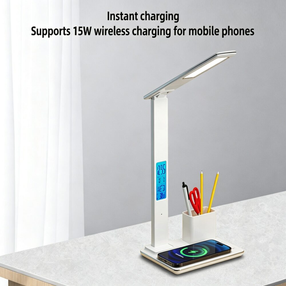 Multi‑Function LED Desk Lamp with 15W Wireless Charger, Clock Alarm Temperature Display, Pen Holder & USB Output