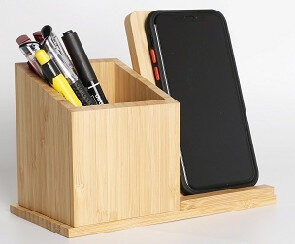 Bamboo Desk Organizer, Multi‑Functional Pen Holder with Cell Phone Stand, Eco‑Friendly Desktop Stationery Storage for Home Office Workspace