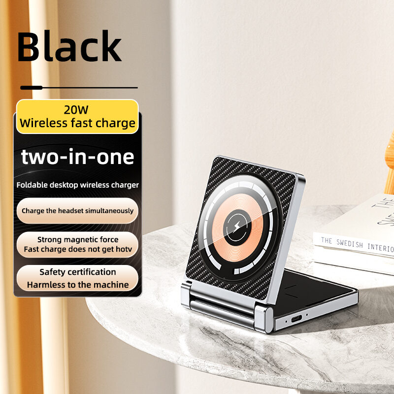 Foldable 2‑in‑1 Magnetic Wireless Charger Stand | 15W Fast Dual‑Device Charging Station for Phone & Earbuds