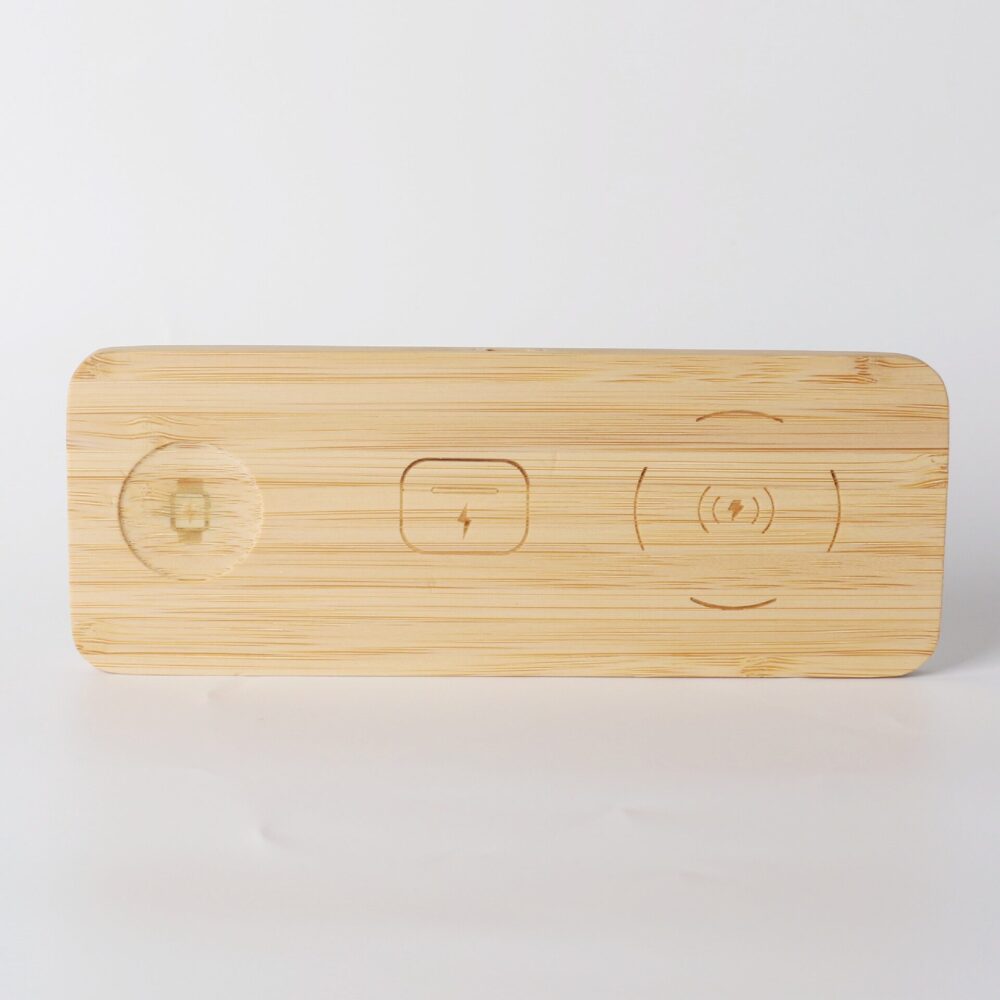 OEM Custom Logo Bamboo 3‑in‑1 Wireless Charging Pad 15W Fast Qi Multi Device Desktop Wireless Charger For Phone Watch Earbuds Gift