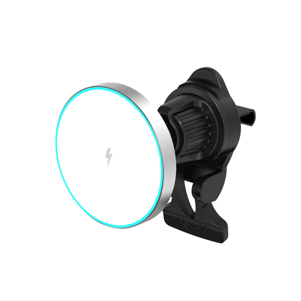 360° Adjustable Magnetic Car Wireless Charger 15W Fast Charging Air Vent Mount with Ice Blue Ambient Light