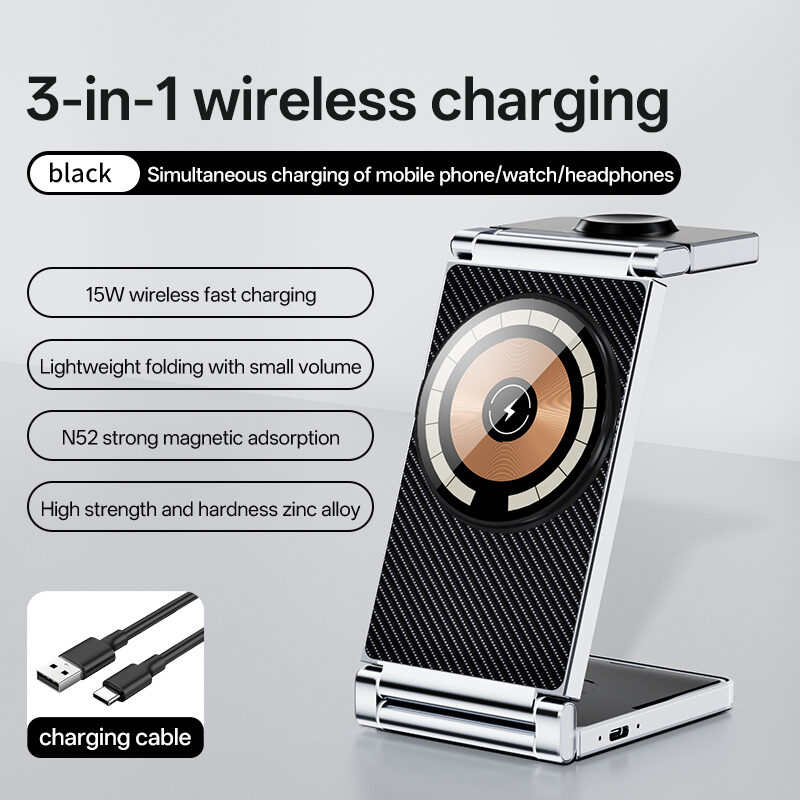 Foldable Zinc Alloy 3-in-1 Magnetic Wireless Charging Station | 15W Fast Charger Stand for iPhone, Apple Watch & AirPods Portable Travel Desktop Charging Dock