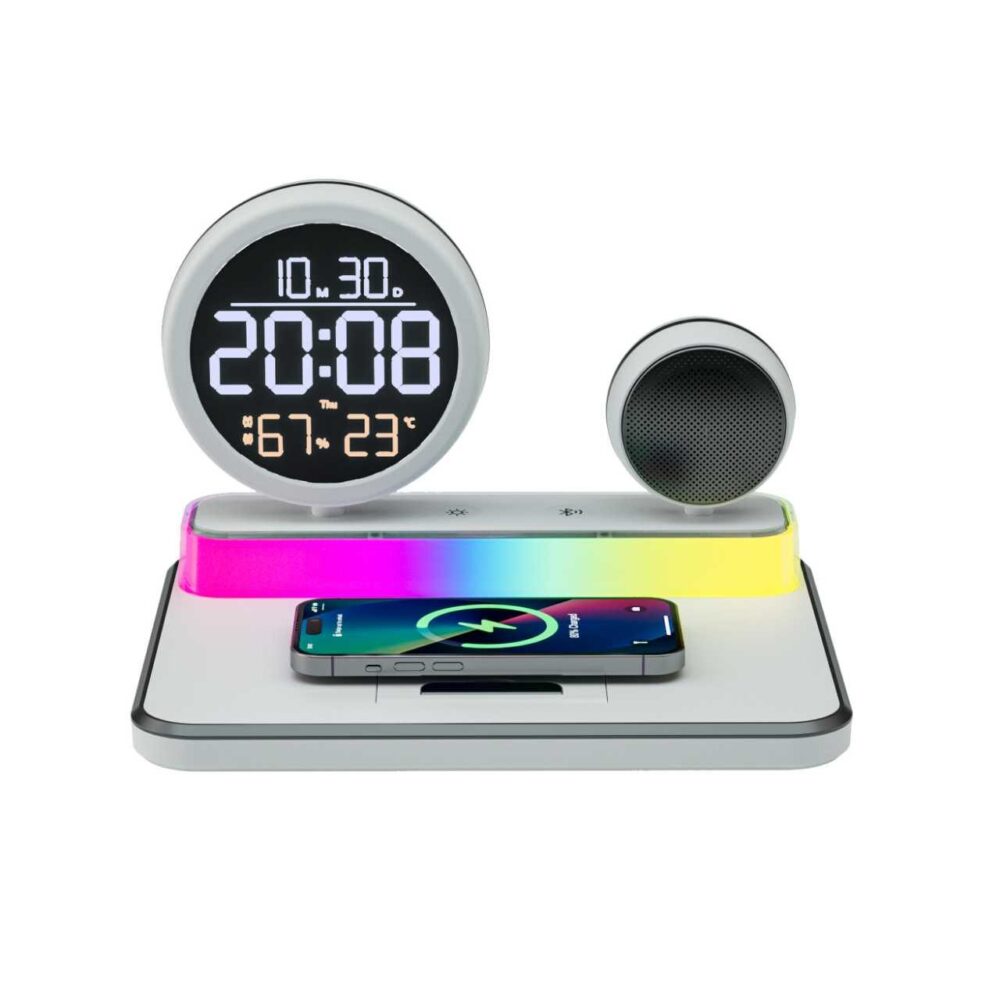 All-in-1 Desktop Wireless Charging Dock,15W Wireless Charger, Bluetooth Audio Speaker, Dual Alarm Clock with Temp Humidity & RGB Ambient Light for Home Office Gift