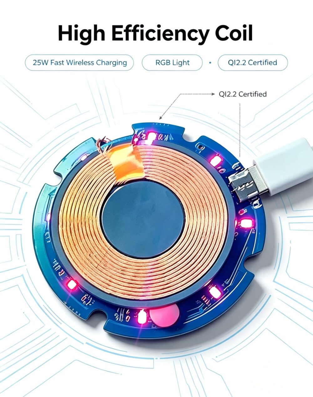 25W Qi2‑certified Mag-Safe Magnetic Wireless Charging Module with RGB light
