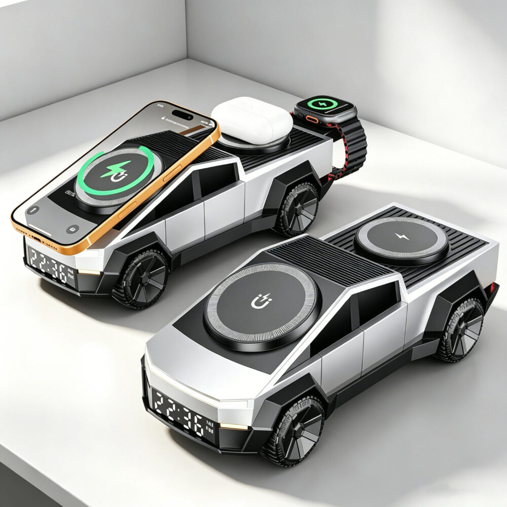 Cyber Truck 3-in-1 Wireless Charger Station with Bluetooth Speaker & Digital Alarm Clock