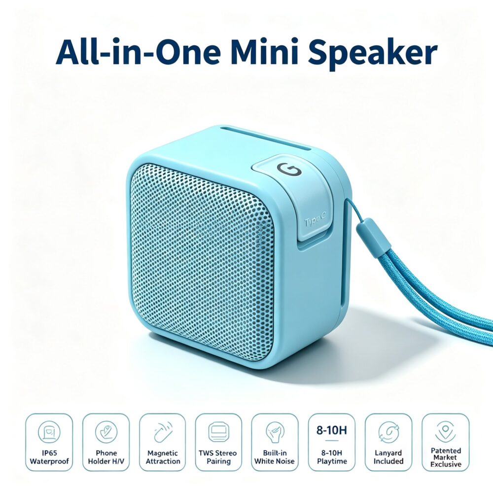 Exclusive Magnetic Bluetooth Speaker IP65 Waterproof | TWS, Phone Stand, White Noise, 8-10H Playback, Patented
