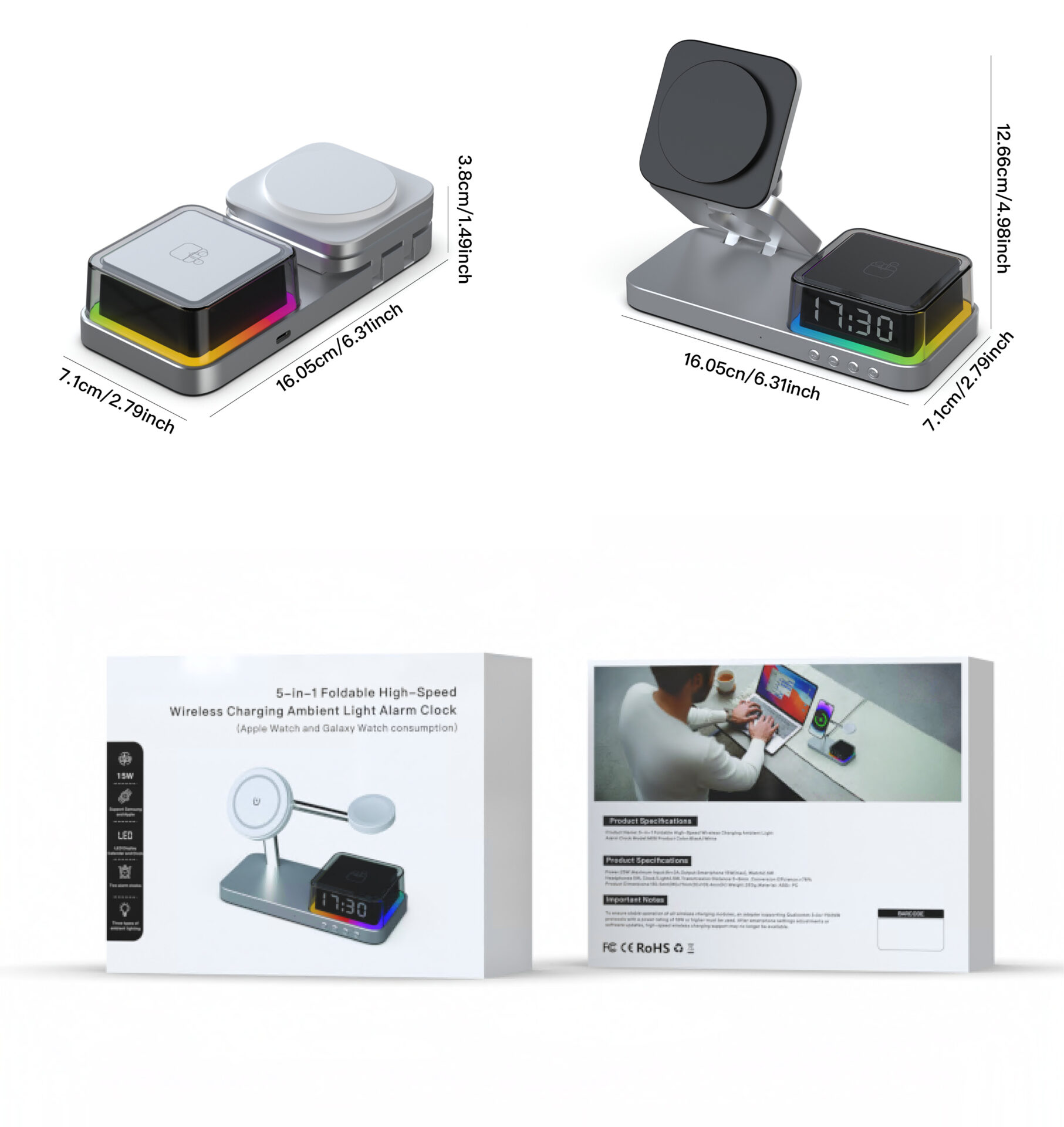 5-in-1 Foldable Wireless Charging Station with Alarm Clock & RGB Light | OEM Multi Device Wireless Charger for Wholesale - Image 6