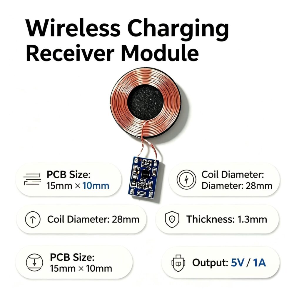 Embedded Wireless Charging Receiver Board 5V1A | 1.3mm Thin 28mm Coil 15x10mm PCB Qi Charging Module
