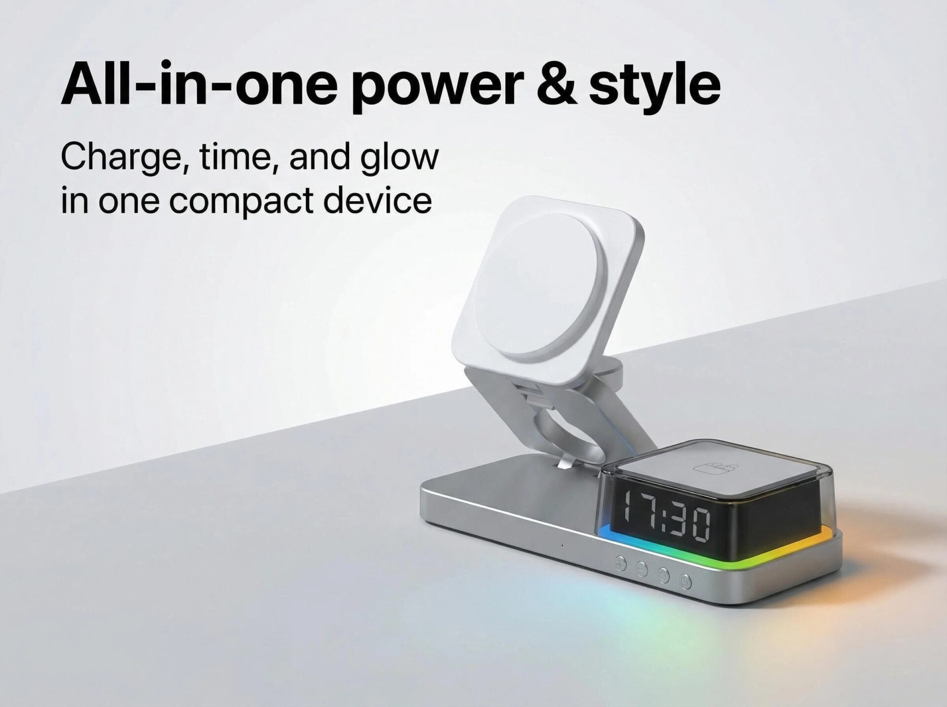 5-in-1 Foldable Wireless Charging Station with Alarm Clock & RGB Light | OEM Multi Device Wireless Charger for Wholesale - Image 7