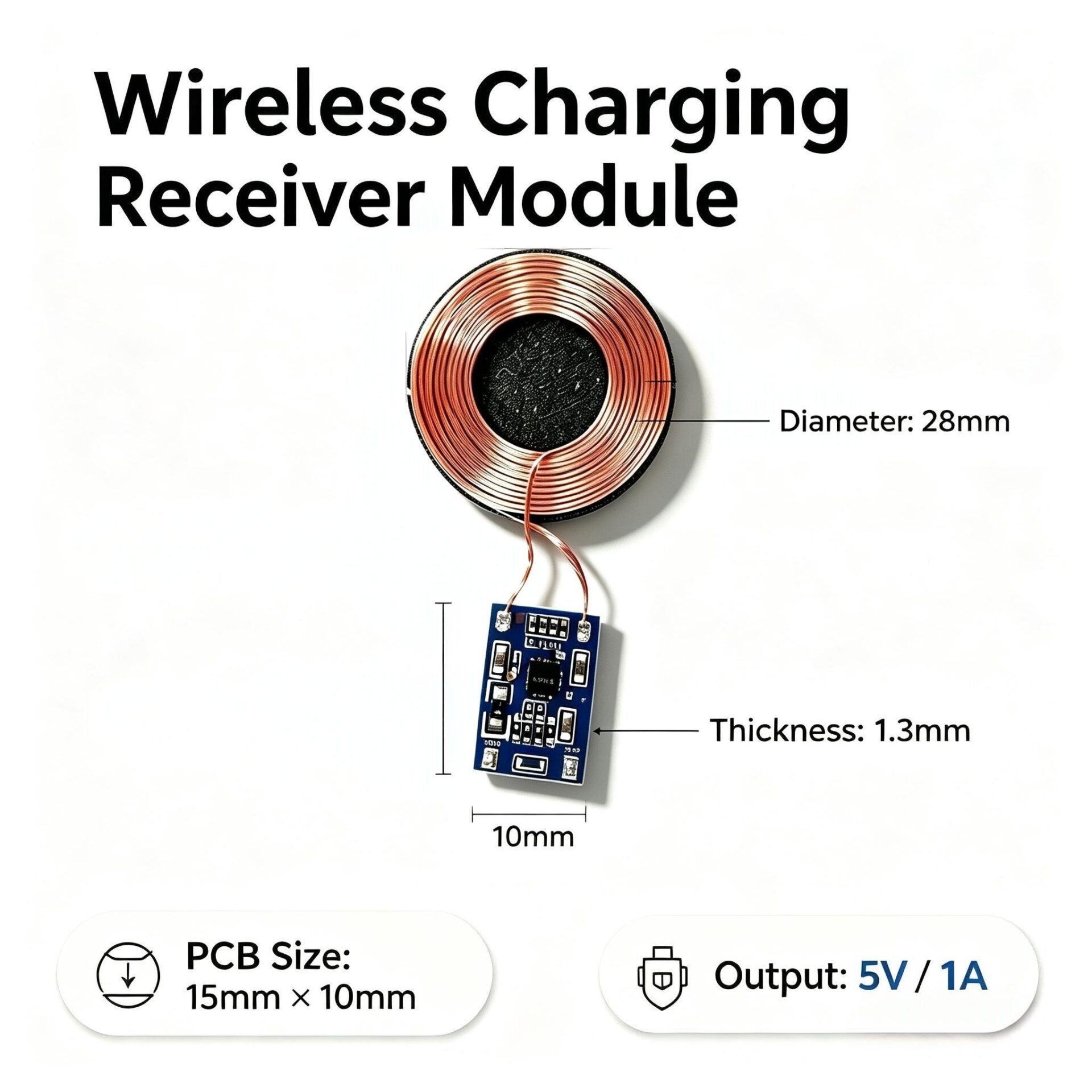 Embedded Wireless Charging Receiver Board 5V1A | 1.3mm Thin 28mm Coil 15x10mm PCB Qi Charging Module - Image 2
