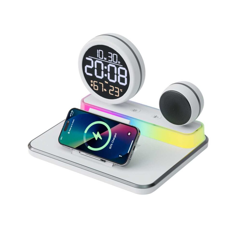 4-in-1 Multifunctional Wireless Charging Bluetooth Speaker With Clock and RGB Ambient Light