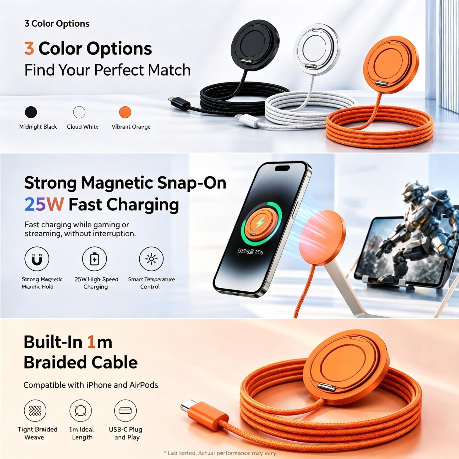 Foldable Stand Magnetic Wireless Charging Cable | Nylon Braided Type-C magsafe for iPhone - Image 8