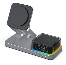 5-in-1 Foldable Wireless Charging Station with Alarm Clock & RGB Light | OEM Multi Device Wireless Charger for Wholesale