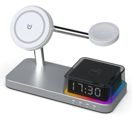 Wholesale 5-in-1 Wireless Charging Station Foldable Multi-device Charger with RGB Light & Alarm Clock for Custom Private Label