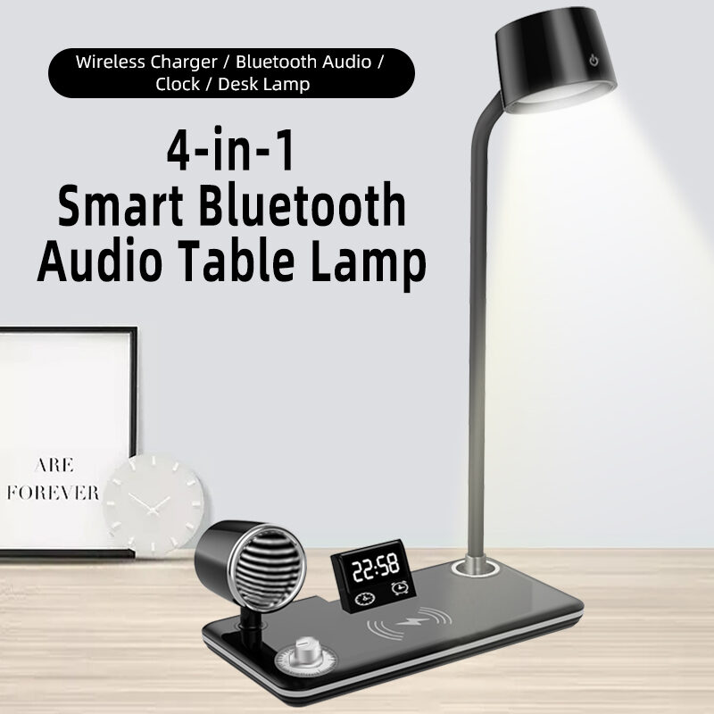 Wireless Charging Eye Protection LED Desk Lamp with Bluetooth Speaker, Alarm Clock for Office Study Bedroom